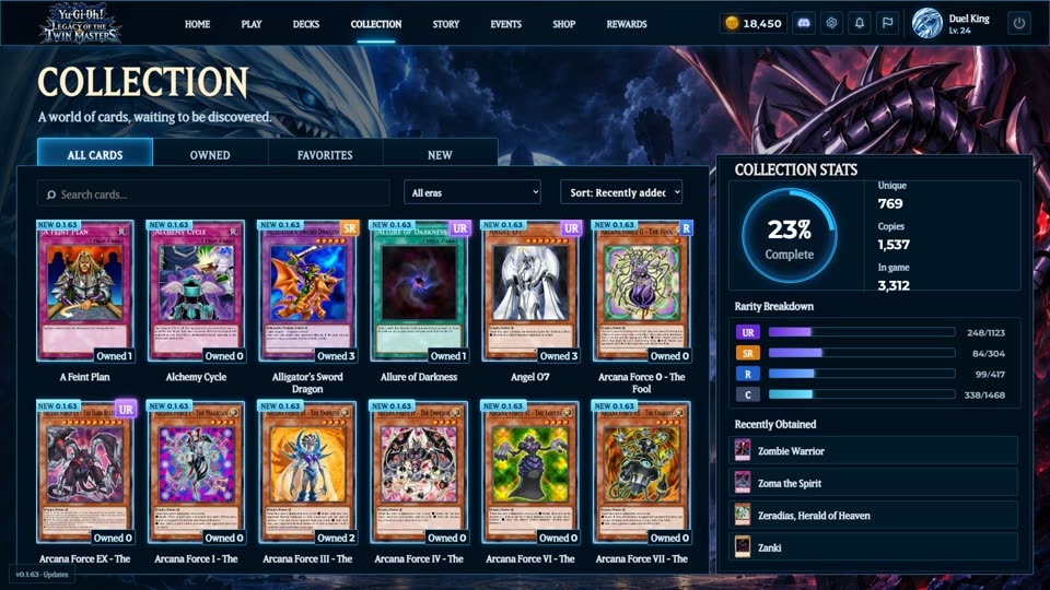 The collection screen sorted by recently added cards, with collection stats