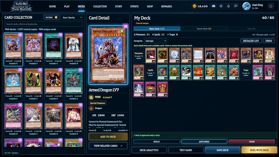 The deck builder with filters, the card collection and the deck list