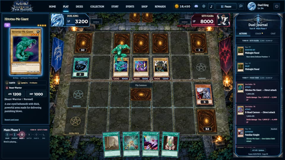 A Yu-Gi-Oh! Legacy of the Twin Masters match: the duel board with monsters, a hand of cards, the card preview and the duel journal