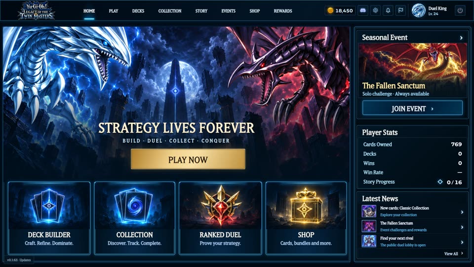 The home screen with events, player stats and news