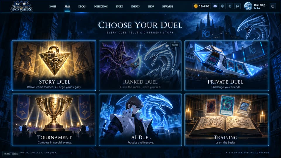 The play screen with story, ranked, private, tournament, AI and training duels