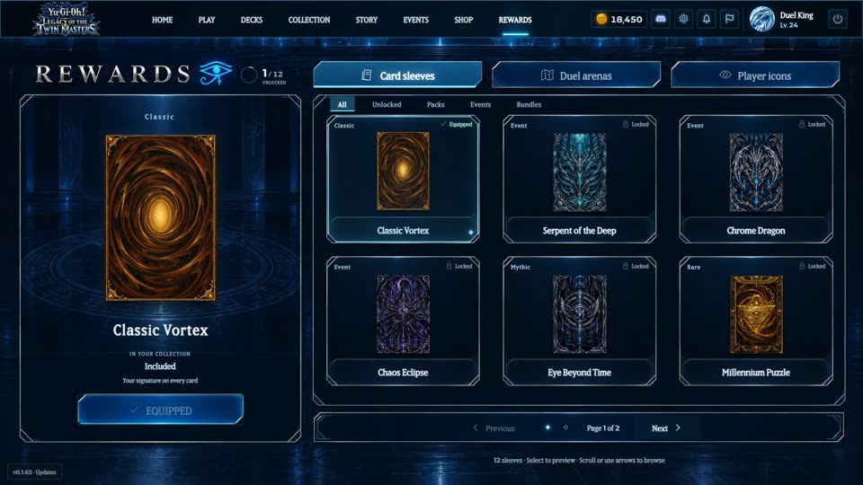 The Rewards collection with card sleeves, duel arenas, player icons and Equip controls